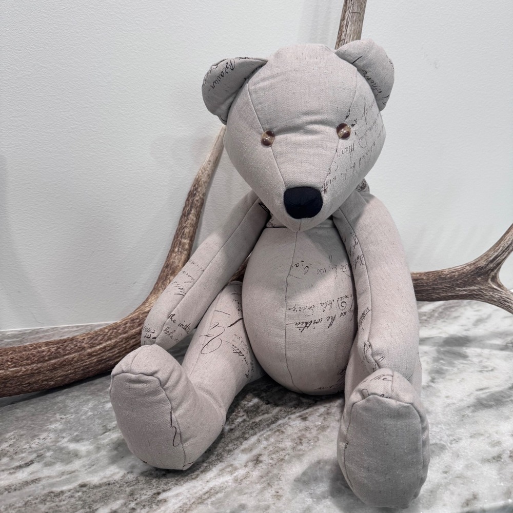 Ballard Designs Script parchment Print Linen Decorative Teddy Bear Neutral 26"